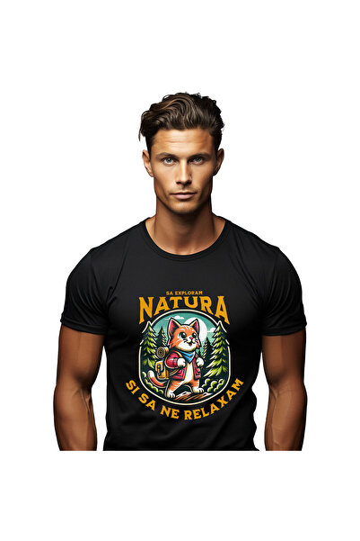 StoryGift Romania Tricou Barbati cu Pisica Portocalie Cu Rucsac De Aventura P...