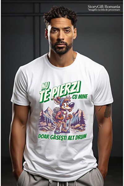 StoryGift Romania Men's T-Shirt with Reindeer Traveling Among High Mountains With Backpack and Hat Nature, ,White_M
