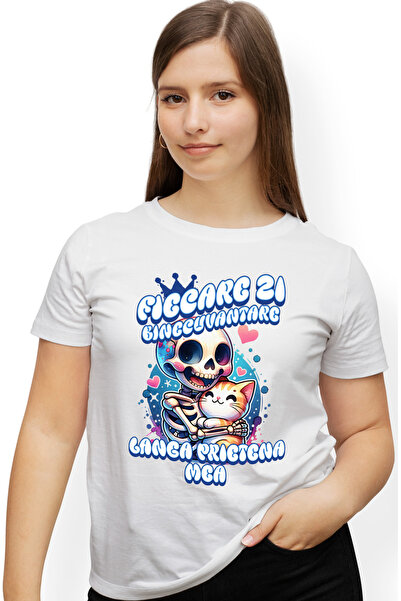 StoryGift Romania Tricou Femei Schelete si pisica fiecare zi binecuvantare BFF cu imprimeu pe Fata WHT_L