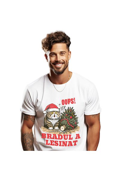 StoryGift Romania Tricou Barbati cu Pisica Grasa Cu Caciula Mos craciun, Bradul Cazut, Daramat, An,White_S