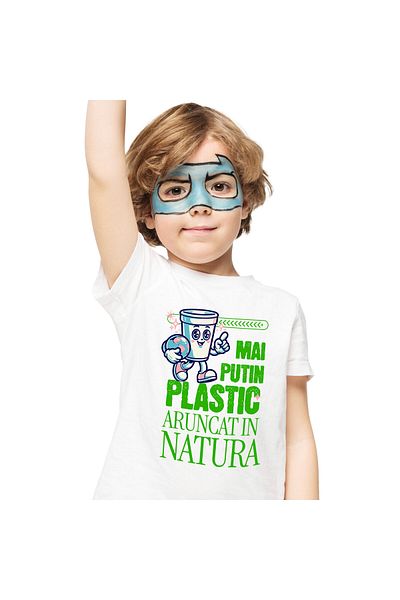 StoryGift Romania Tricou Copii cu Pahar De Plastic Cu Planeta Pamant Vesel Poluare, Plastic, Urban,White_4ANI