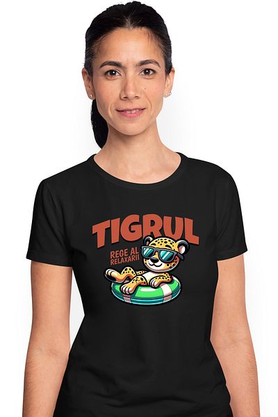 StoryGift Romania Women's T-shirt Tiger-King of Relaxation, with print on the Front, 100% Cotton, Black, BLK_XS