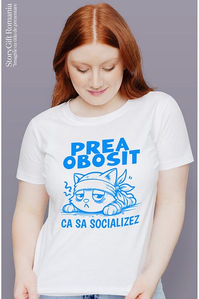 StoryGift Romania Tricou Femei cu Pisica extenuata Trista Animal Blanos, Iubitorii De Motani cu im,White_S