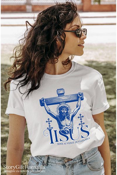 StoryGift Romania Tricou Femei cu Iisus Hristos Atarnat Pe Cruce Adormire Inaltarea Domnului, Past,White_S