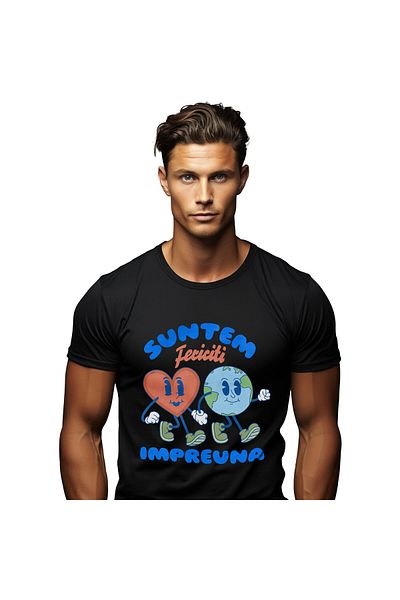 StoryGift Romania Tricou Barbati cu Inima Si Planeta Pamant Cuplu Prietenie Dragoste Cuplu cu impr,Black_XS