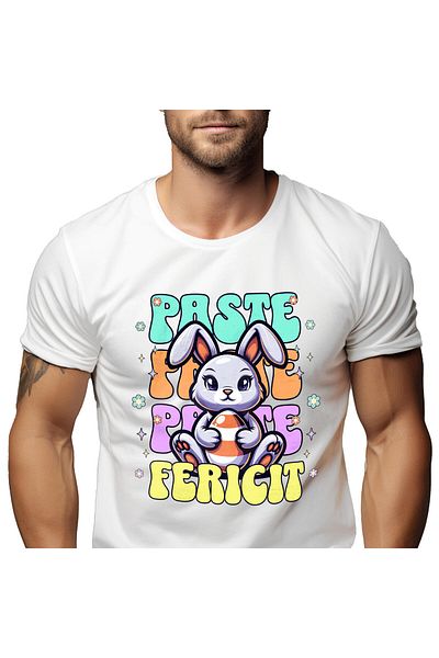 StoryGift Romania Tricou Barbati cu Iepure De Paste Mov Vesel Cu Ou Colorat In Brate, sarbatori cu,White_L