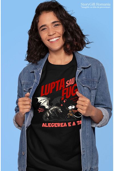 StoryGift Romania Tricou Femei cu Soricel alb Lupta Contra Dragon Basme si Legenta, Razboinici, Jo,Black_L