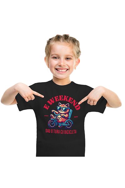 StoryGift Romania Tricou Copii cu Motan Cu Ochelari De Soare Pe Tricicleta Weekend Relaxare, Copii,Black_10ANI