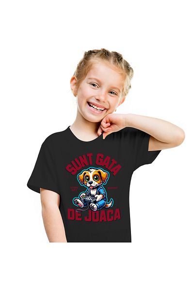 StoryGift Romania Kids T-Shirt with Dog with Video Game Controller, Fluffy Animal with Green Eyes with Imp, Black_4 YEARS