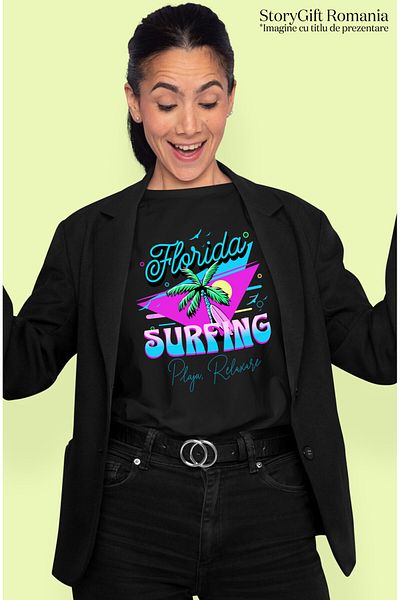 StoryGift Romania Tricou Femei cu Pamier Cu Nuci De Cocos Si Placa De Surf, Vacanta Relaxare cu im,Black_S