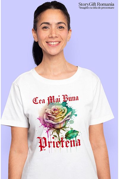 StoryGift Romania Tricou Femei cu Trandafir Colorat Arta Pictura Stil Curgatoare, Mama Colega, ech,White_XS