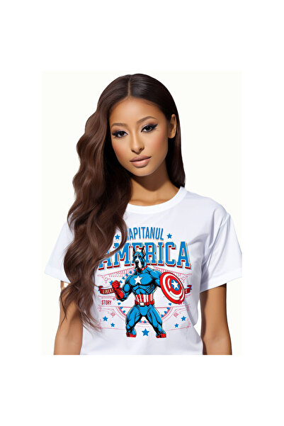StoryGift Romania Women's T-shirt with German Dog / Great Dane Dog in Captain America Costume with Pe,White_XL