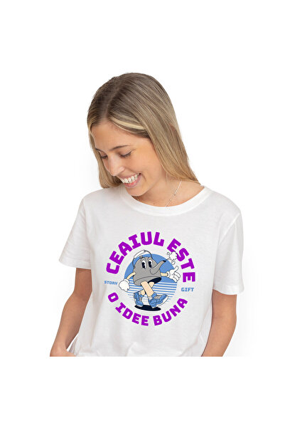 StoryGift Romania Tricou Femei cu Ceainic Vesel Mergand Cu Adidasi Albastri, Ceai, Apa Aromata, Su,White_M