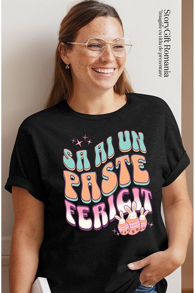 StoryGift Romania Tricou Femei cu Oua Colorate Cu Iepuri Albi, design Multicolor, Paste, Sarbatori,Black_XS