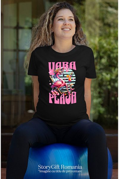 StoryGift Romania Women's T-shirt with Pink Famingo Pasha with Floral Hat Cocktail Relaxed with Print,Black_XL