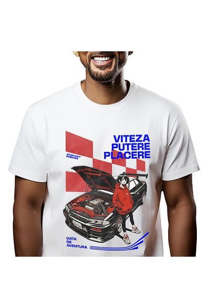 StoryGift Romania Men's T-shirt with Anime Style Girl With Red Hoodie Next to a Powerful Engine Car,White_M