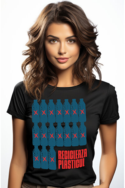 StoryGift Romania Tricou Femei recicleaza plasticul sticle reciclare poluare cu imprimeu pe Fata, BLK_M