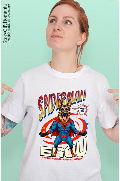 StoryGift Romania Tricou Femei cu Ciobănesc German / German Shepherd Caine In Costum de SpiderMan ,White_M
