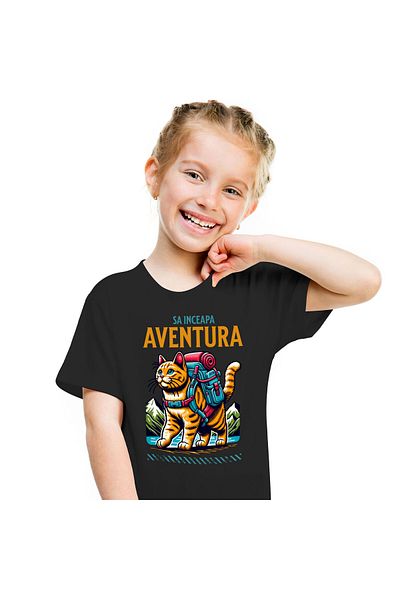 StoryGift Romania Children's T-shirt with Orange Cat with Backpack Ready for Adventure in the Mountains, Natu, Black_8ANI