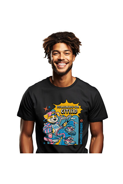 StoryGift Romania Men's T-shirt with Dog Street Style Colorful Cheerful With Book Funny Hobby with Prints,Black_XL