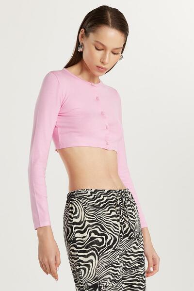 Tudors Γυναικεία Slim Fit Slim Fit Μακρυμάνικη Ζακέτα με λαιμόκοψη ροζ