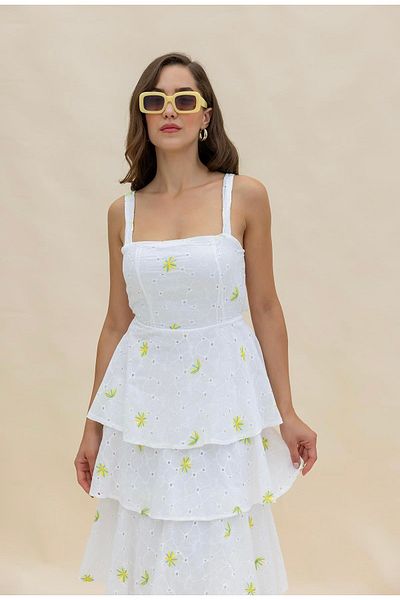 Afiş Butik White Strap Yellow Floral Scallop Tiered Long Dress