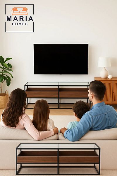 MARIA HOMES Modern Glass Top TV Stand with Walnut Wood Storage and Black Metal Frame – 160x40x45 cm