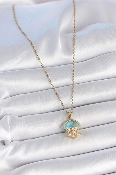 Clariss 316L Steel Gold Color Blue Stone Jellyfish Model Pearl Detail Women's Necklace