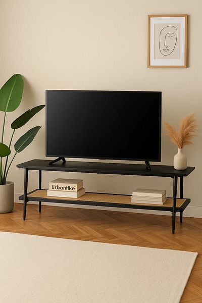 MARIA HOMES Contemporary Black TV Stand with Rattan Shelf – 160x40x50 cm Two-Tier Media Console
