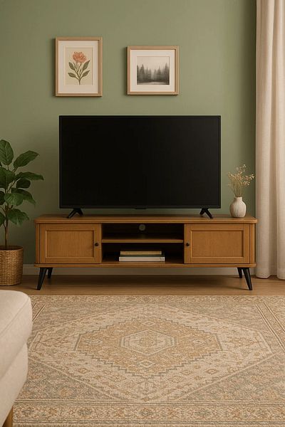 MARIA HOMES Rattan Door TV Stand with Open Shelves – 200x40x50 cm Brown Mid-Century Console