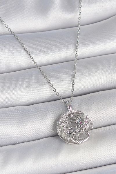 Clariss 316L Steel Silver Color Chain Moon Sun Model Zircon Stone Detail Women's Necklace