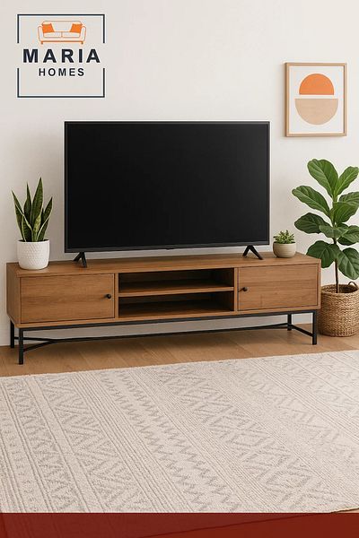 MARIA HOMES Industrial Brown Wood TV Stand with Metal Frame – 180x40x50 cm Modern Entertainment Unit
