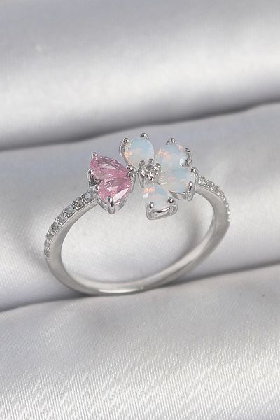 Clariss Brass Silver Color White Enamel Pink Zircon Stone Flower Model Women's Ring