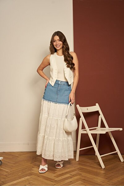 Guzella Astarlı Mavi Denim Ve Cep Detaylı Volanlı Yazlık Beyaz Etek