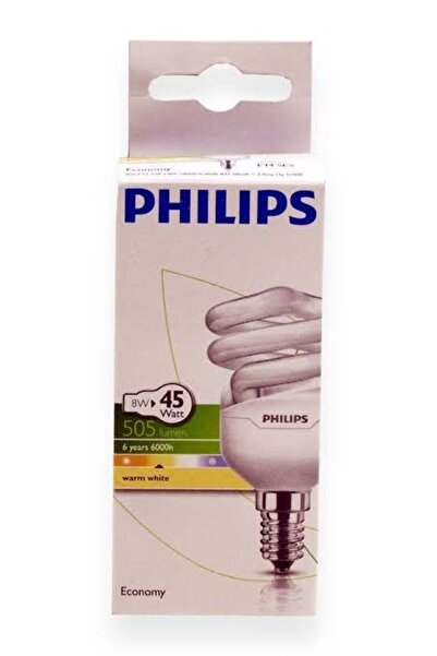 Philips 8w=45w Mini Spiral Kıvrık Tasarruflu Ampul E14 Duy Sarı Işık 2700k/505 Lumen
