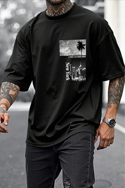 NO 601 Tricou oversize negru pentru bărbați cu imprimeu NY Palm