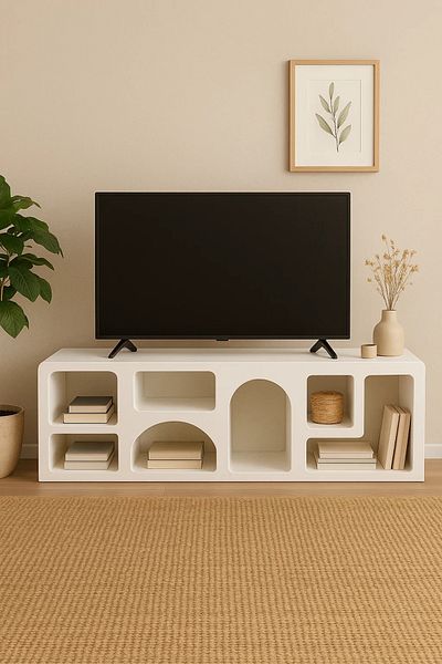 MARIA HOMES حامل تلفزيون أبيض عصري مع أرفف مفتوحة مقوسة - وحدة تحكم وسائط بسيطة 180 × 40 × 50 سم