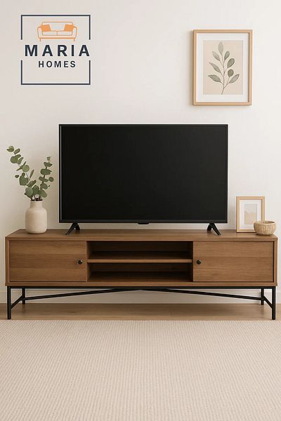 MARIA HOMES Large Industrial TV Stand in Brown Wood with Metal Base – 200x40x50 cm Media Console