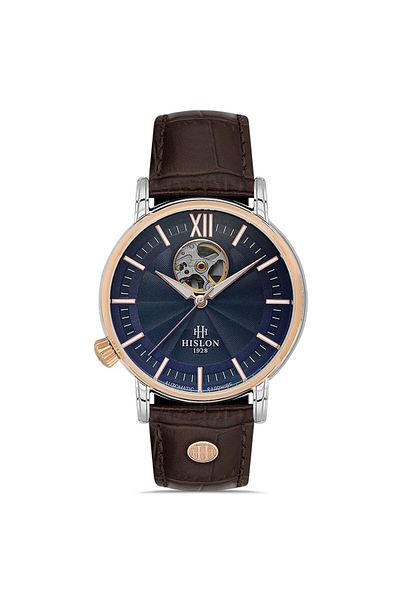 Hislon Men's Multicolor-Navy Blue Steel Case Round Dial Leather Band Wristwatch Automatic Mechanism Anal