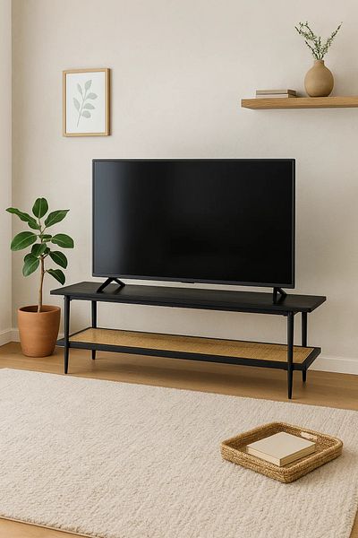 MARIA HOMES Contemporary Black TV Stand with Rattan Shelf – 160x40x50 cm Two-Tier Media Console