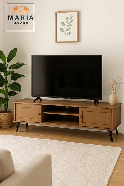MARIA HOMES Wooden TV Stand with Paneled Doors and Black Metal Legs – 180x40x50 cm Brown Media Console