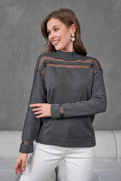 Irmak Kerekli Women's Transparent Anthracite Knitwear-Sweater-Blouse Set 1107