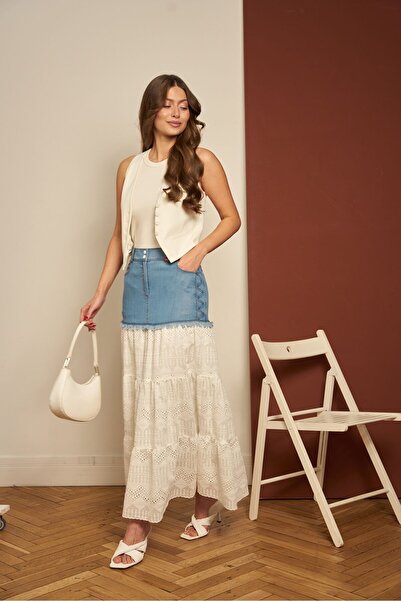 Guzella Astarlı Mavi Denim Ve Cep Detaylı Volanlı Yazlık Beyaz Etek