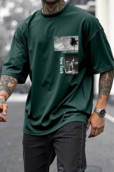 NO 601 Tricou oversize pentru bărbați, verde închis, cu imprimeu NY Palm