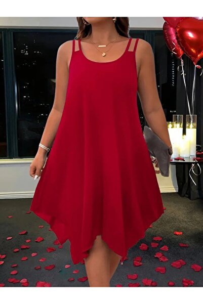 buğrahayalin Women's Strappy Round Asymmetrical Cut Detailed Viscose Dress