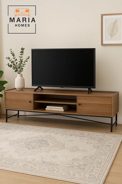 MARIA HOMES Industrial Style Brown TV Stand with Metal Base – 160x40x50 cm Modern Media Console