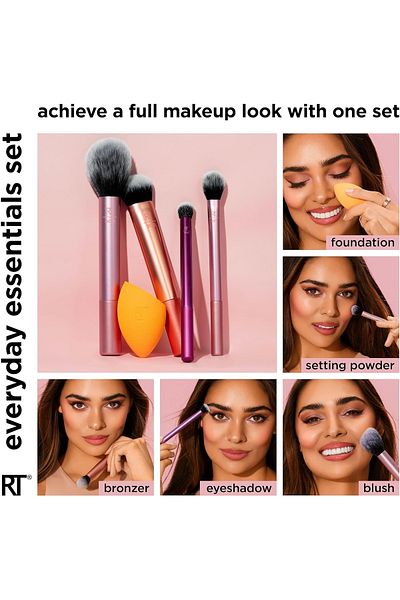 Real Techniques Everyday Essentials 5-piece Makeup Brush Set – Face & Eye Tools With Miracle Sponge