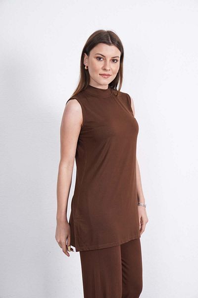 penyebizden Viscose Sleeveless Tunic-Brown