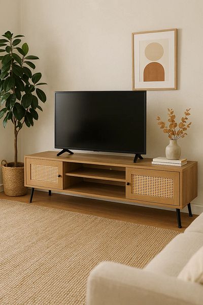 MARIA HOMES Mid-Century Modern TV Stand with Rattan Doors – 160x40x50 cm Brown Entertainment Unit