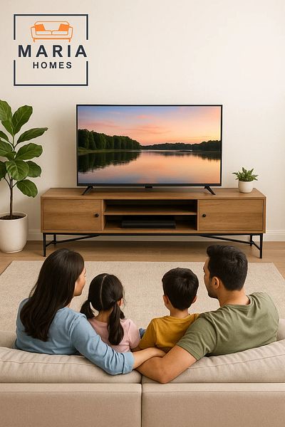 MARIA HOMES Industrial Style Brown TV Stand with Metal Base – 160x40x50 cm Modern Media Console